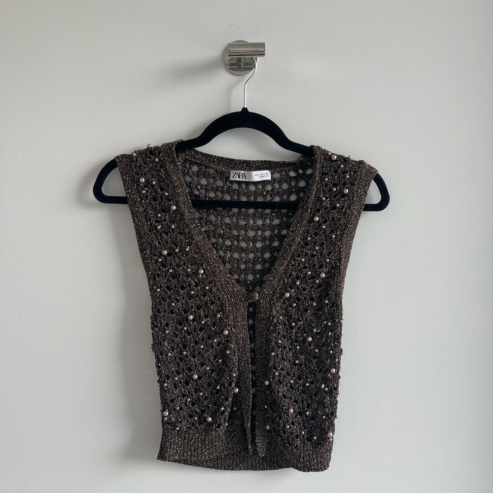 Zara Brown Beaded Crochet Knit Vest